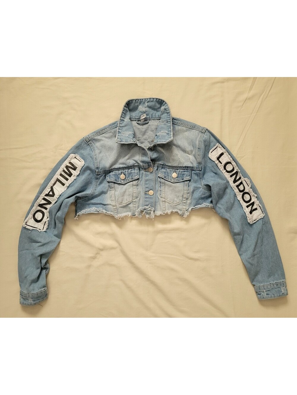 American Bazi Women's Small Cropped Denim Jacket Fashion Tour Y2K Distressed